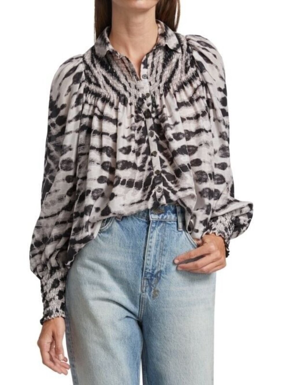Raquel Allegra Womens Top Black Edwardian Tie-Dye Silk Poet Blouse Top Size 0